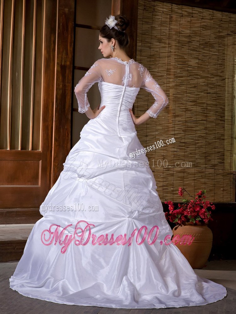 Appliques and Pick-ups Wedding Dress with Court Train and Sheer Long Sleeves