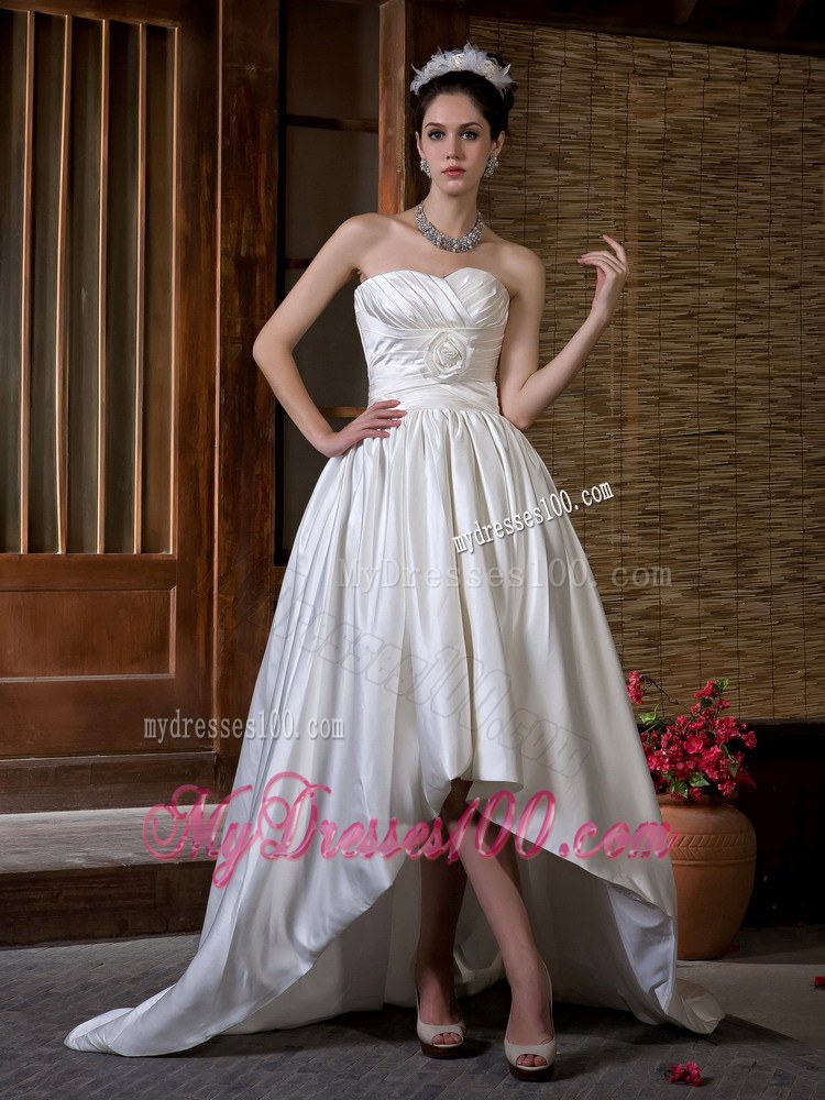 High Low Ruching Handle Flowers and Court Train Wedding Dress