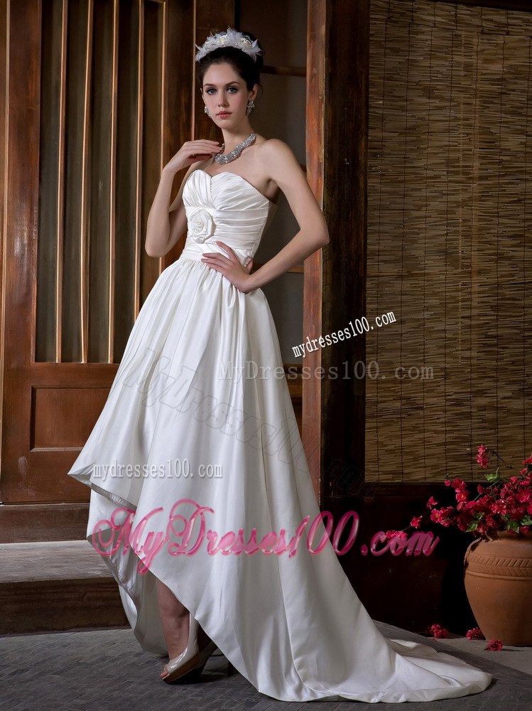 High Low Ruching Handle Flowers and Court Train Wedding Dress