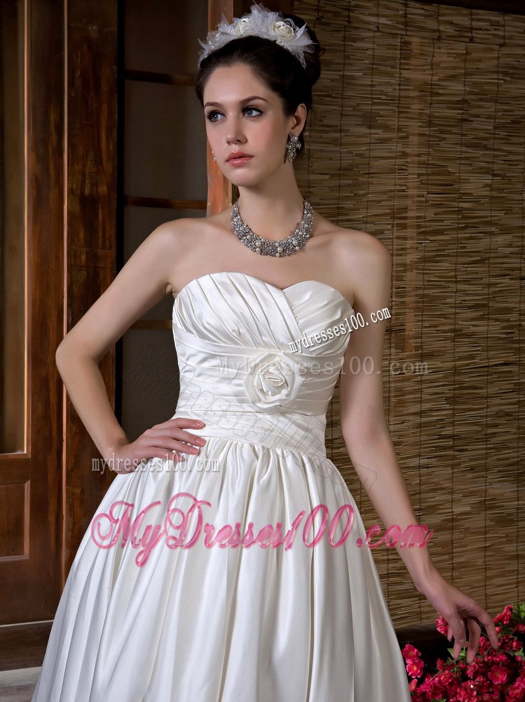High Low Ruching Handle Flowers and Court Train Wedding Dress