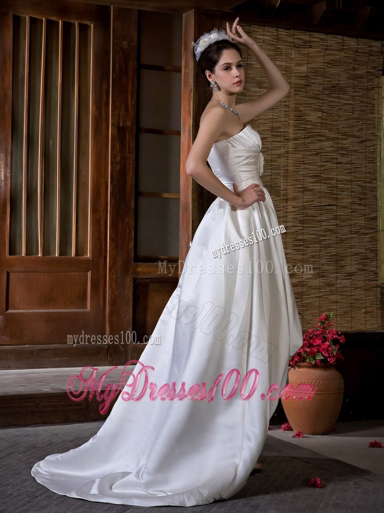 High Low Ruching Handle Flowers and Court Train Wedding Dress