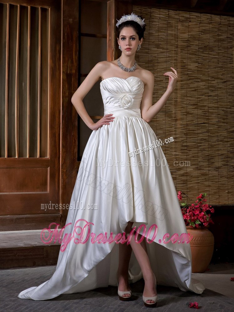 High Low Ruching Handle Flowers and Court Train Wedding Dress