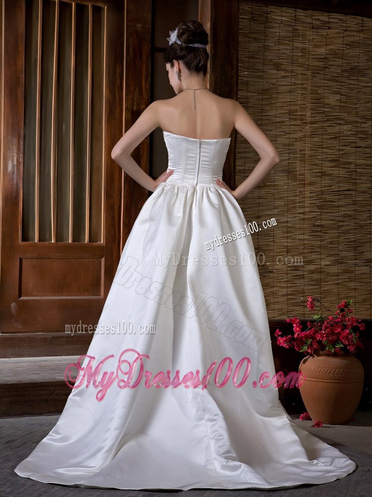 High Low Ruching Handle Flowers and Court Train Wedding Dress