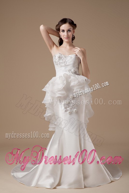 Unique Mermaid Strapless Court Train and Organza Appliques Bridal Dress