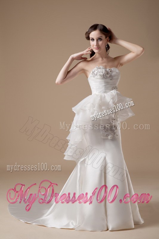Unique Mermaid Strapless Court Train and Organza Appliques Bridal Dress
