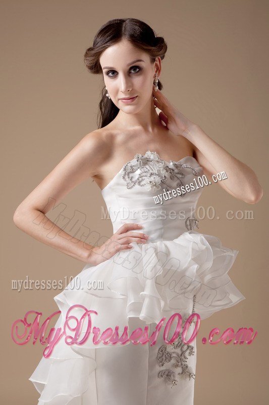 Unique Mermaid Strapless Court Train and Organza Appliques Bridal Dress