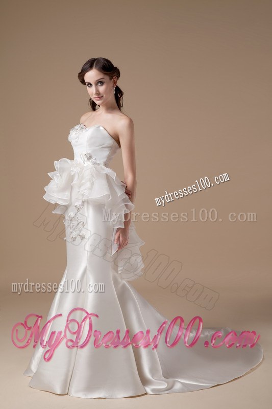 Unique Mermaid Strapless Court Train and Organza Appliques Bridal Dress