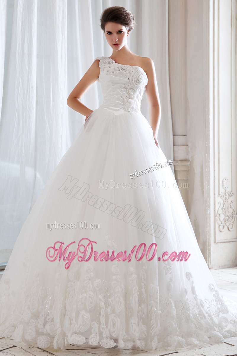 One Shoulder Special Embossed Fabric White Wedding Gown Court Train