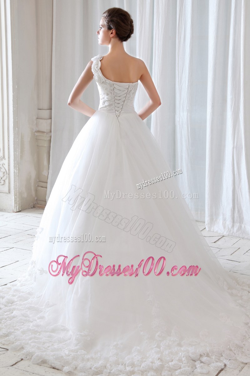 One Shoulder Special Embossed Fabric White Wedding Gown Court Train