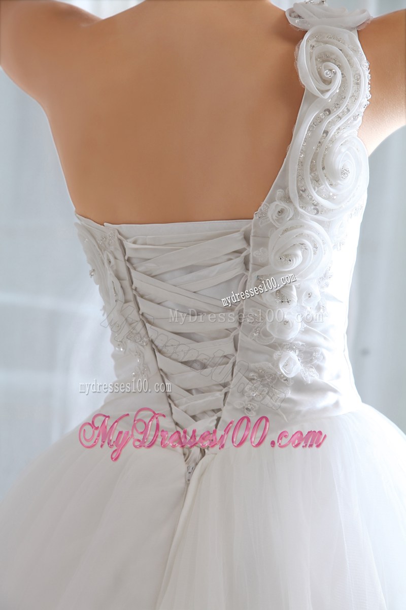 One Shoulder Special Embossed Fabric White Wedding Gown Court Train