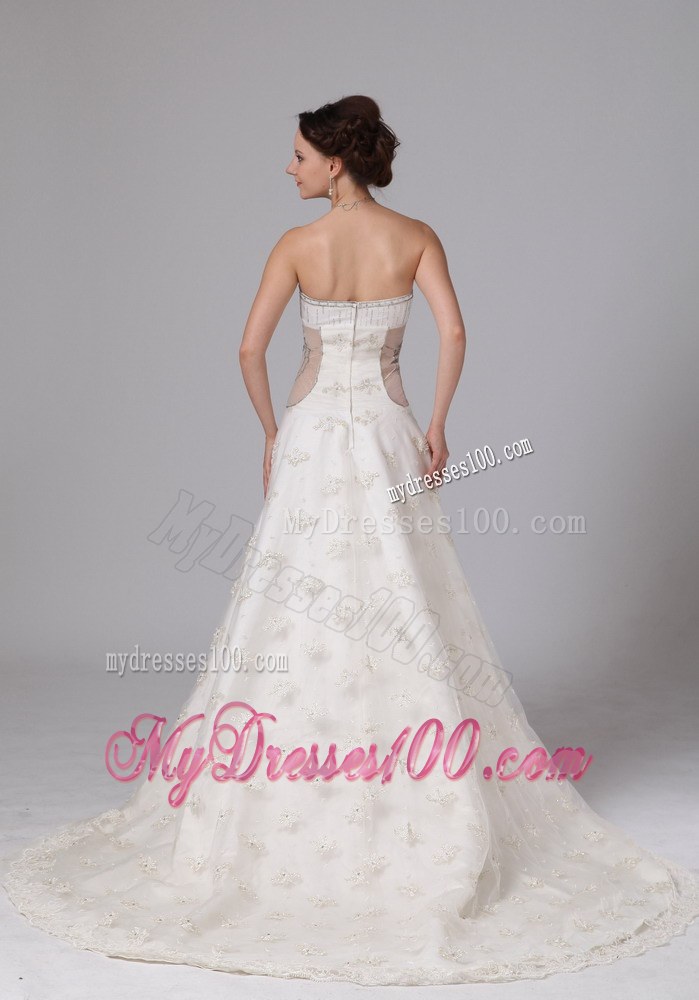 Appliqued Princess V-neck Sleeveless Wedding Gown with Chapel Train