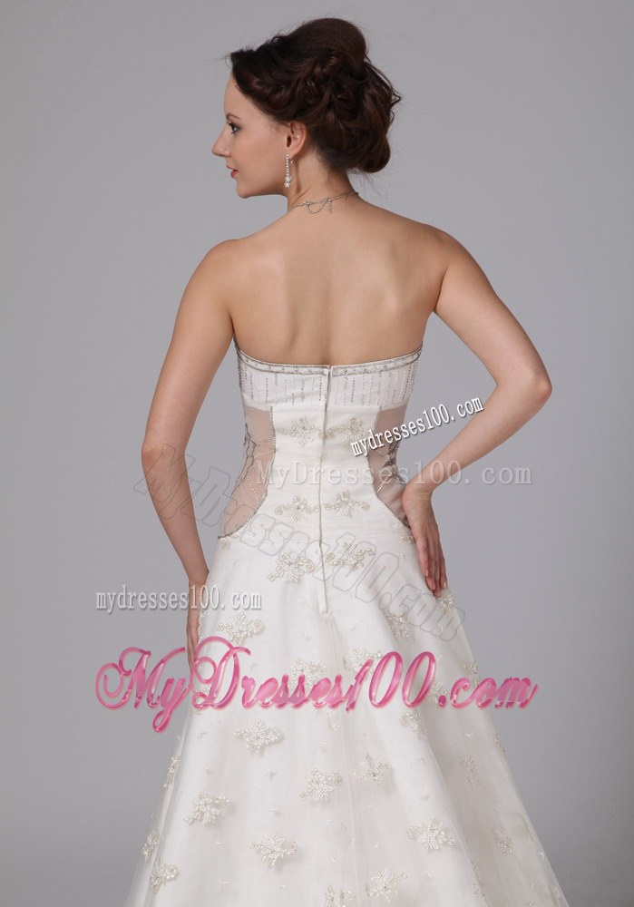 Appliqued Princess V-neck Sleeveless Wedding Gown with Chapel Train