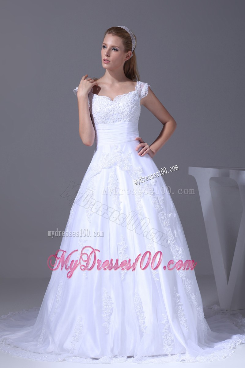 Wide Straps Dress for Wedding in White with Appliques and Court Train