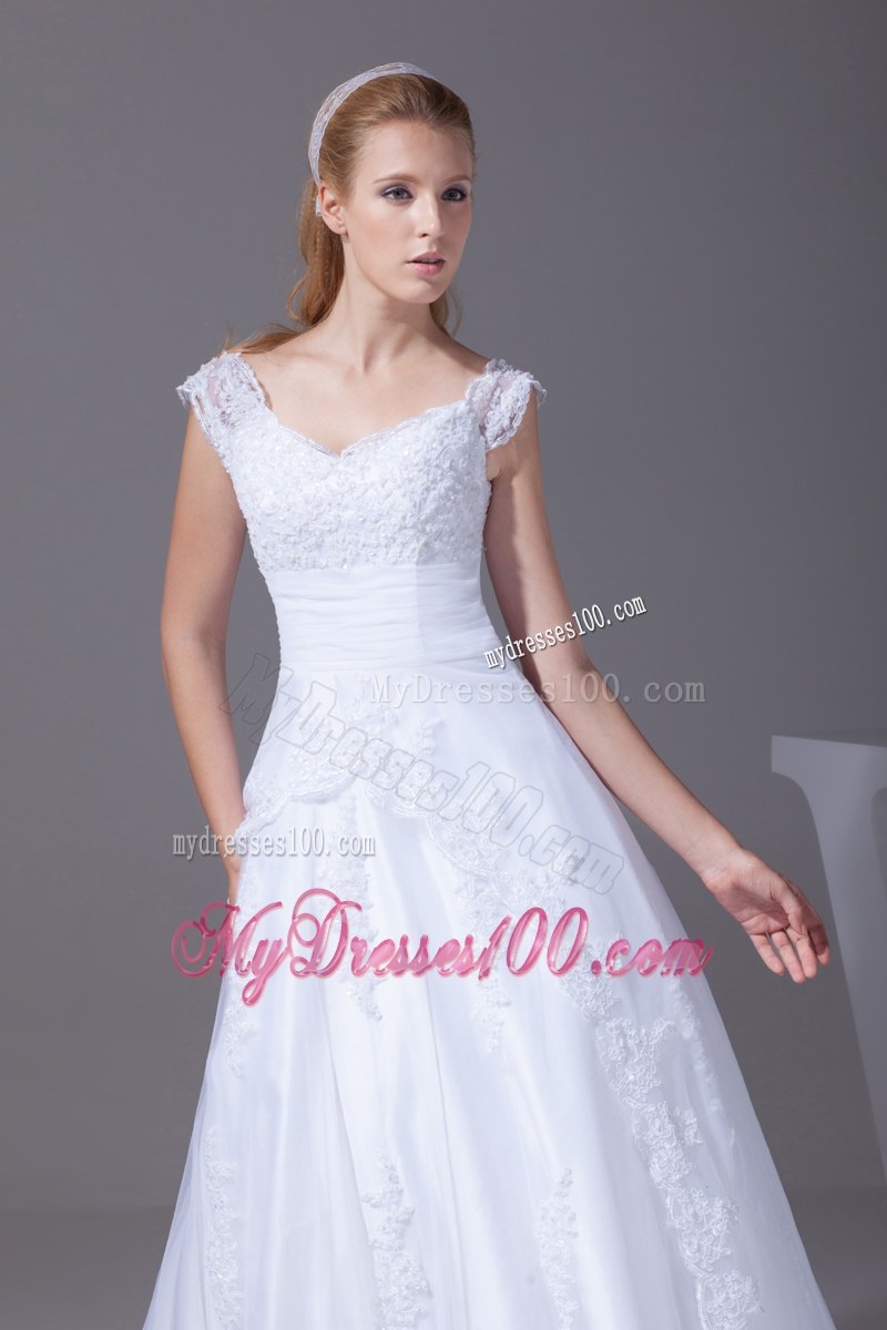 Wide Straps Dress for Wedding in White with Appliques and Court Train
