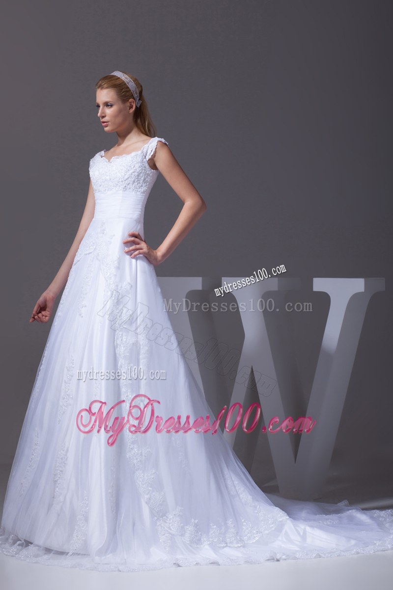 Wide Straps Dress for Wedding in White with Appliques and Court Train