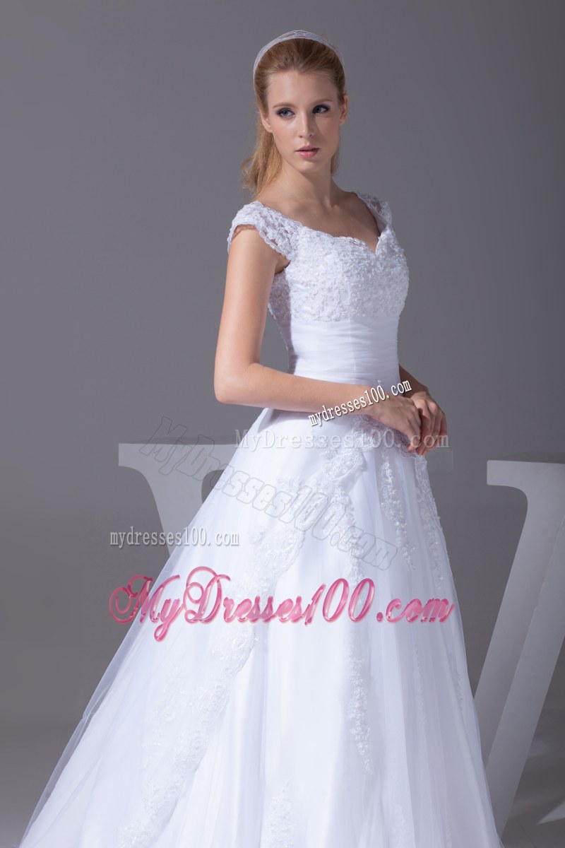 Wide Straps Dress for Wedding in White with Appliques and Court Train
