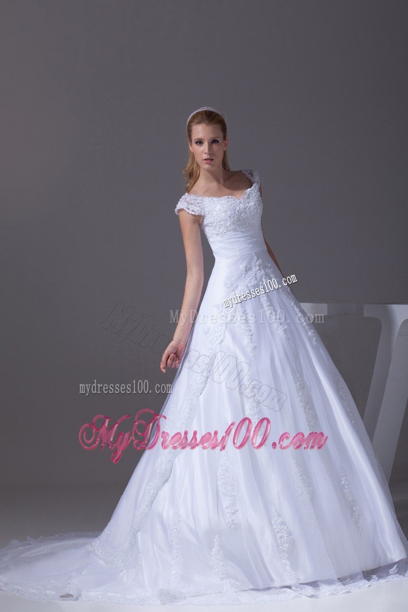 Wide Straps Dress for Wedding in White with Appliques and Court Train