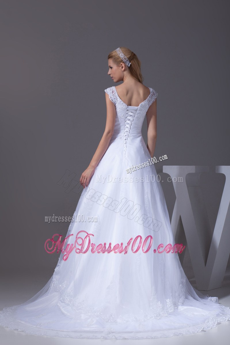 Wide Straps Dress for Wedding in White with Appliques and Court Train