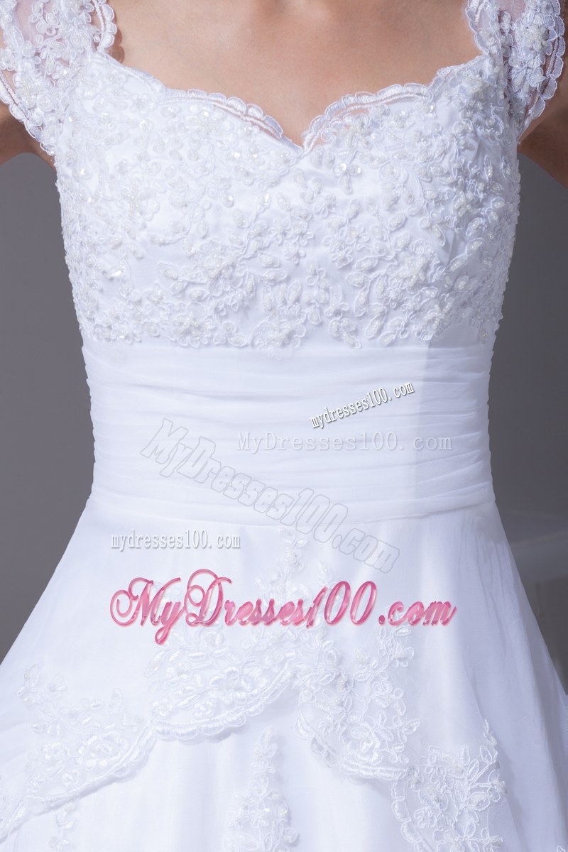 Wide Straps Dress for Wedding in White with Appliques and Court Train