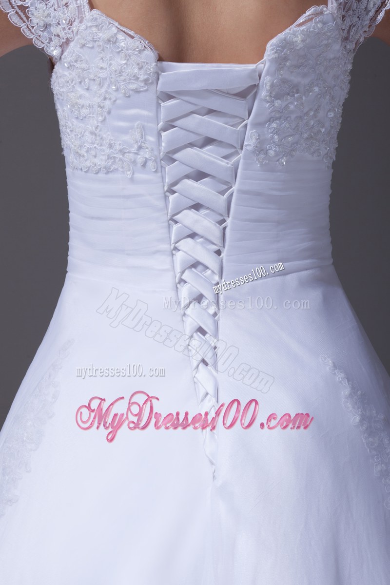 Wide Straps Dress for Wedding in White with Appliques and Court Train