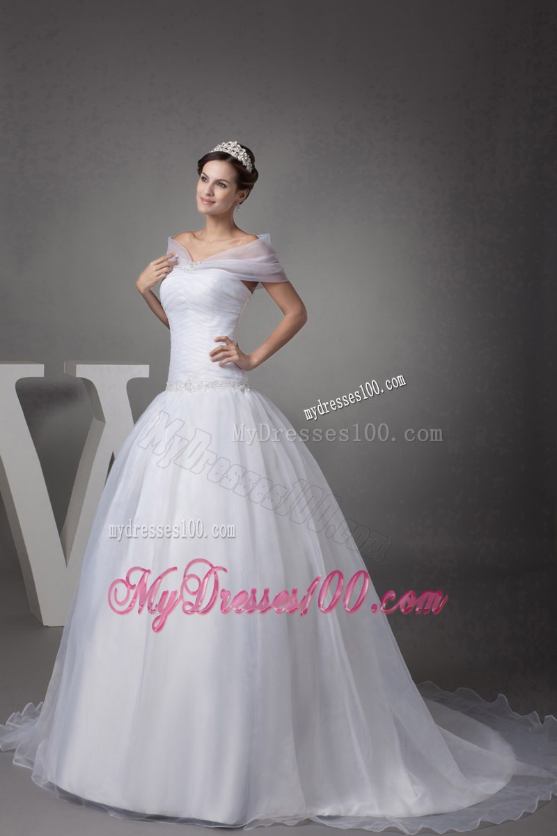 Slinky Puffy Beadings Wedding Gown with Brush Train and Sheer Wraps