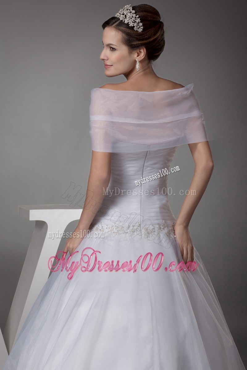 Slinky Puffy Beadings Wedding Gown with Brush Train and Sheer Wraps
