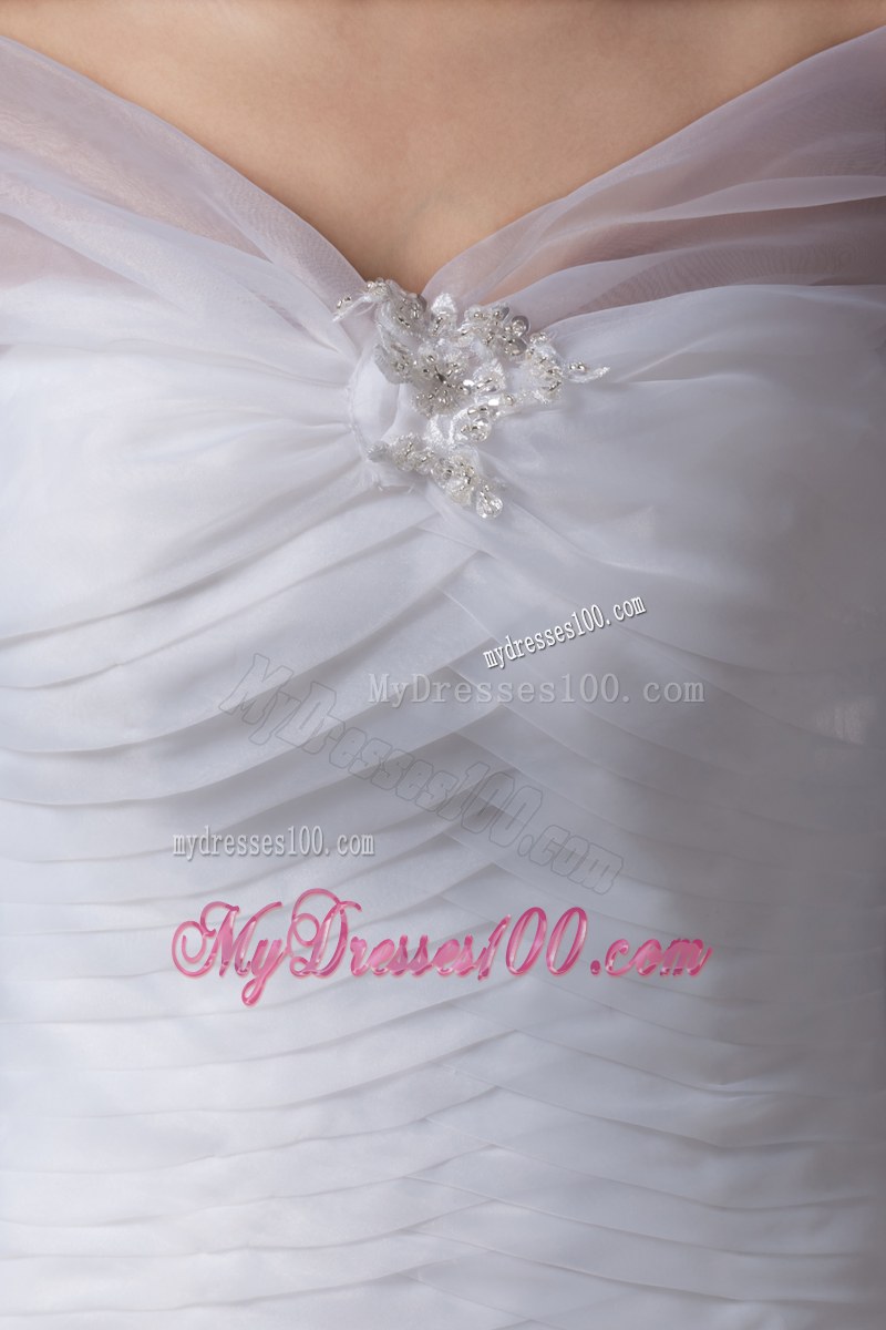 Slinky Puffy Beadings Wedding Gown with Brush Train and Sheer Wraps