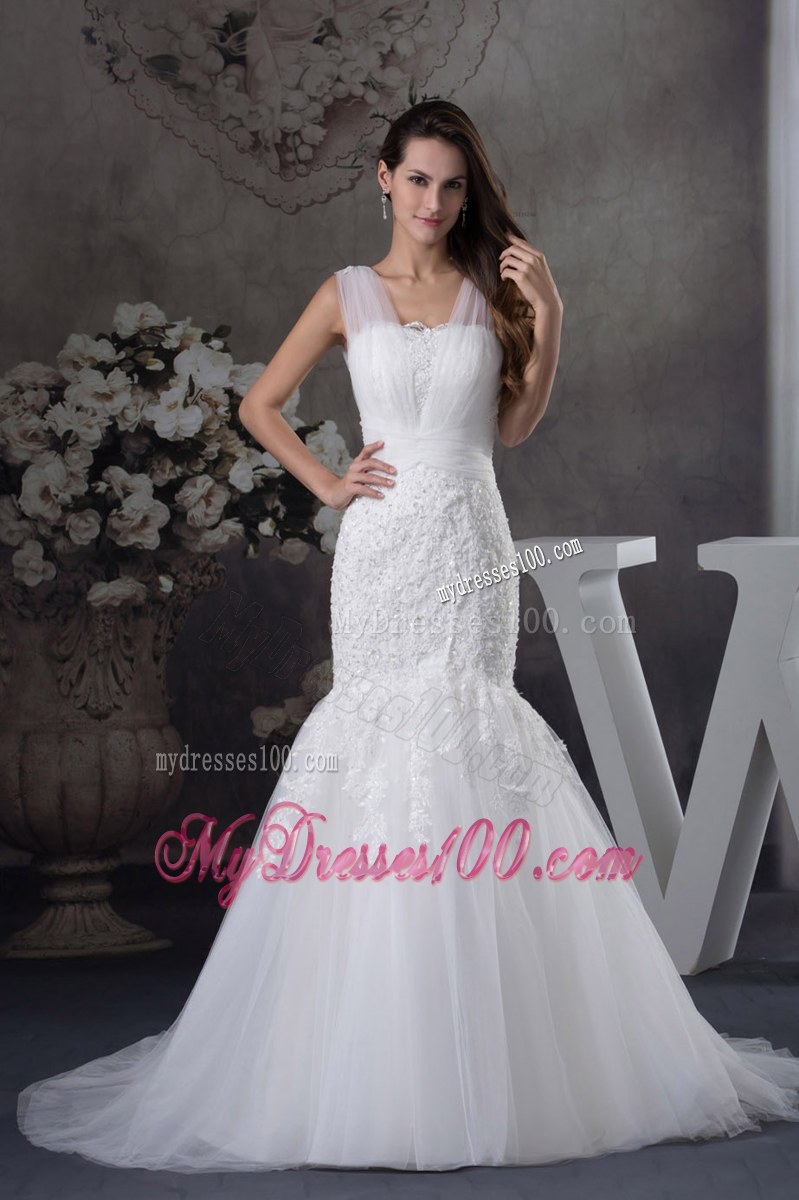 Tulle Wide Straps Trumpet Wedding Gown Decorated with Sequins and Court Train