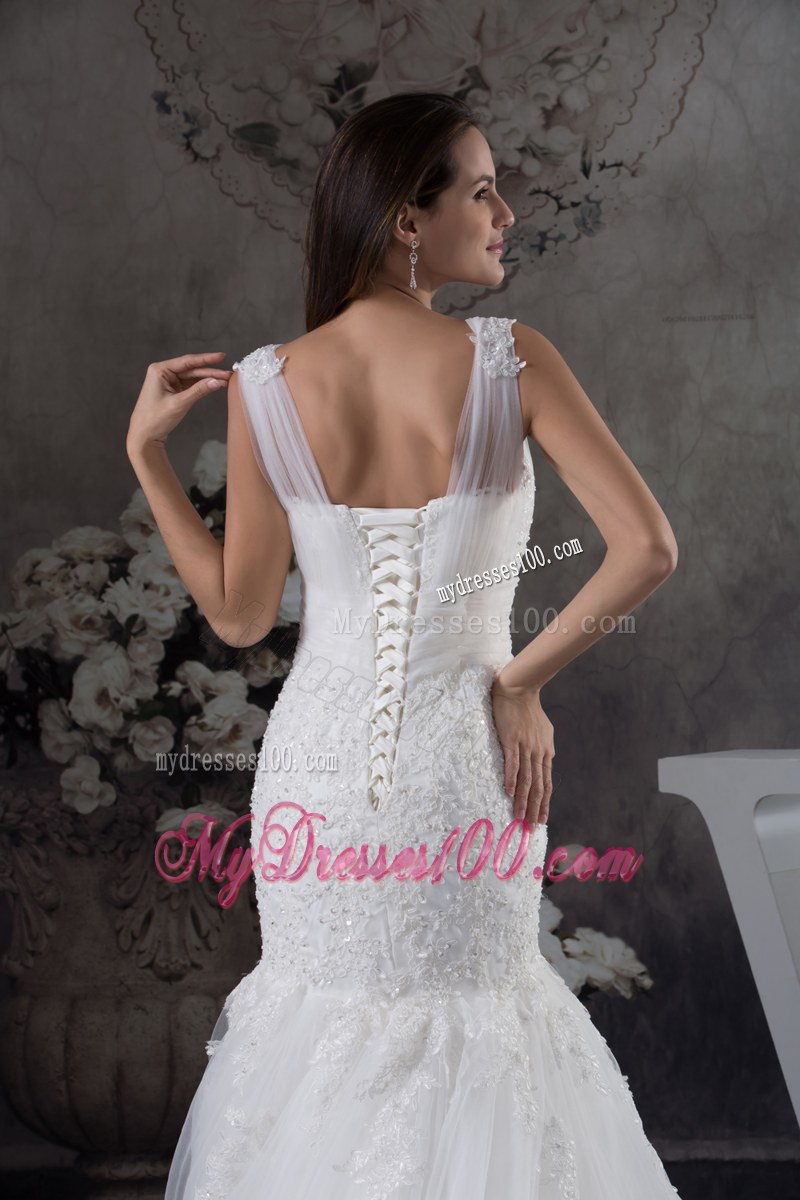 Tulle Wide Straps Trumpet Wedding Gown Decorated with Sequins and Court Train