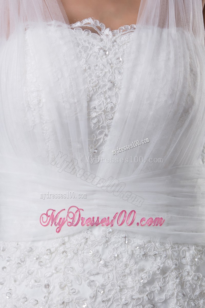 Tulle Wide Straps Trumpet Wedding Gown Decorated with Sequins and Court Train