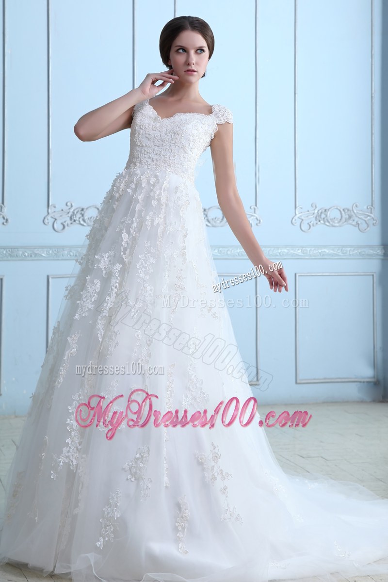 Lace Flowers Wide Straps Wedding Dress with Appliques and Court Train