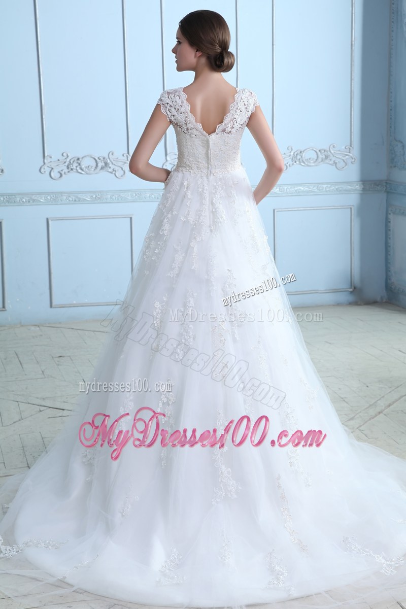 Lace Flowers Wide Straps Wedding Dress with Appliques and Court Train