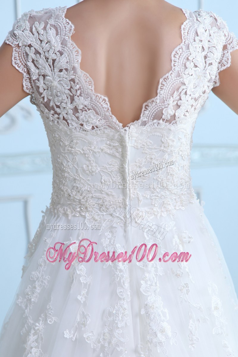Lace Flowers Wide Straps Wedding Dress with Appliques and Court Train