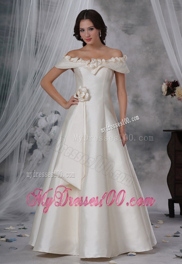A-line Off-the-Shoulder Appliques Wedding Dress with Hand-made Flower