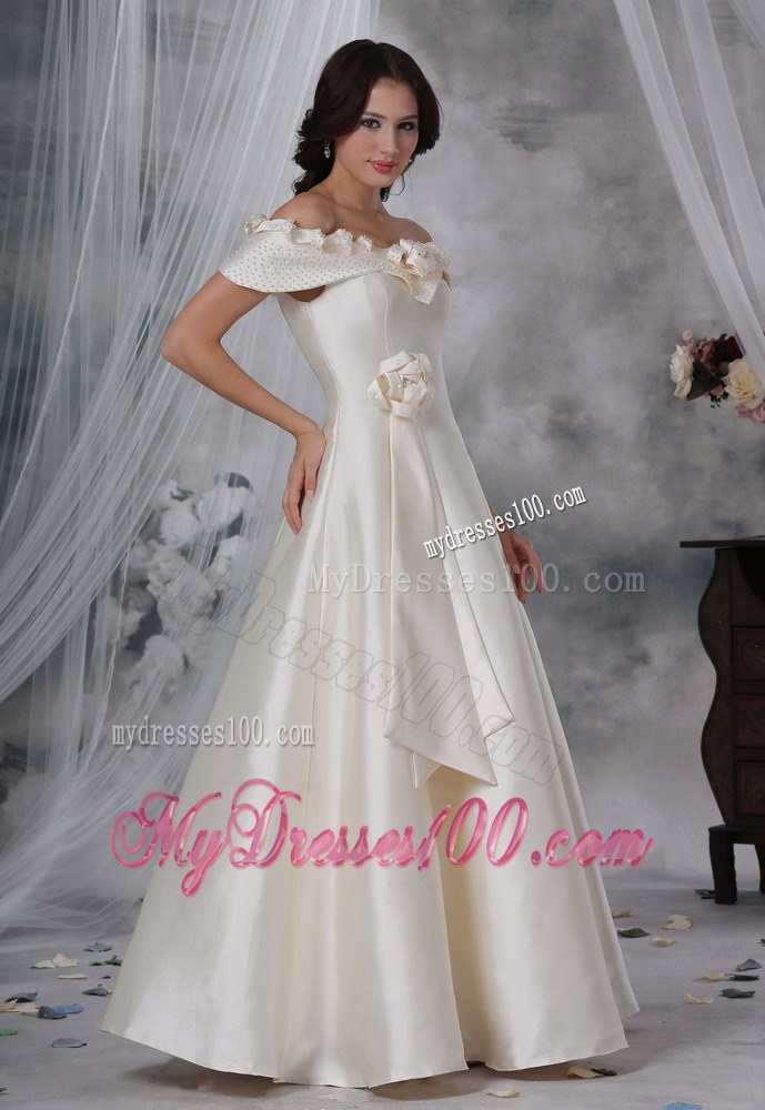 A-line Off-the-Shoulder Appliques Wedding Dress with Hand-made Flower