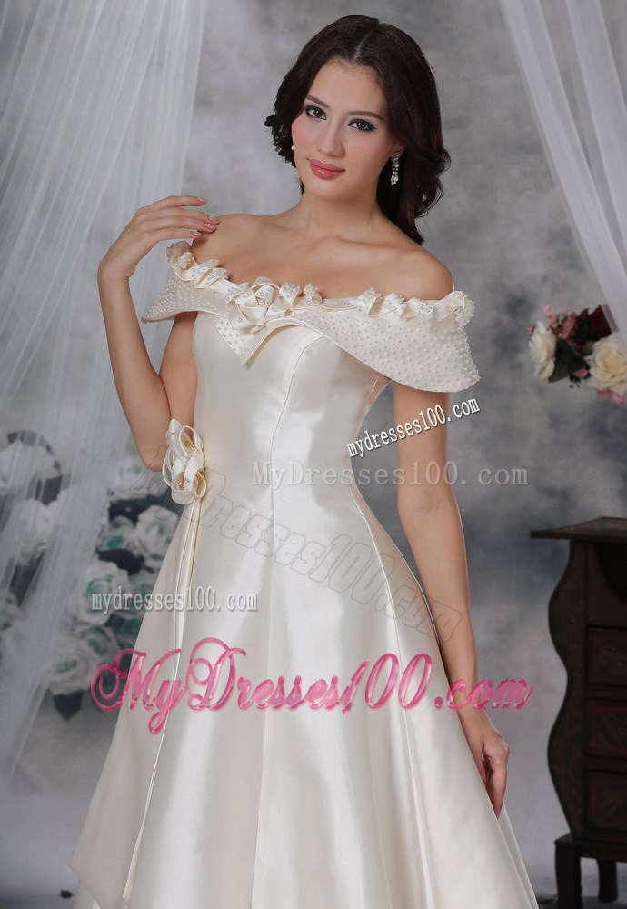 A-line Off-the-Shoulder Appliques Wedding Dress with Hand-made Flower