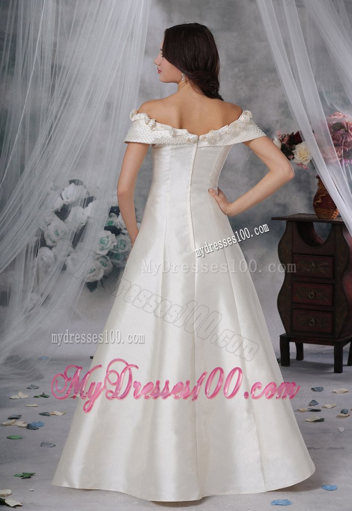 A-line Off-the-Shoulder Appliques Wedding Dress with Hand-made Flower