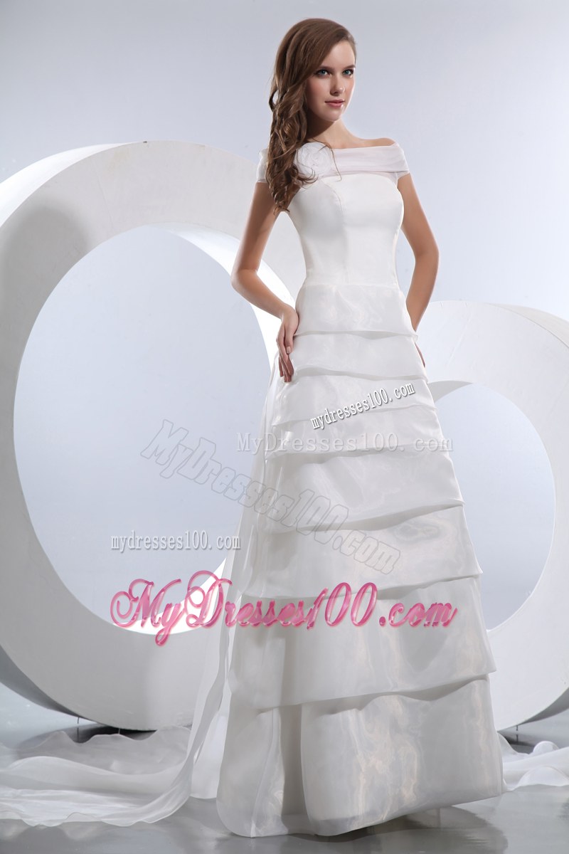 Layers and Hand Made Flowers Decorated Dress for Brides with Court Train
