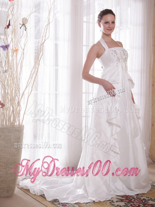 Halter Top Beaded Ruffles White Wedding Dress Chapel Train Lace-up Back