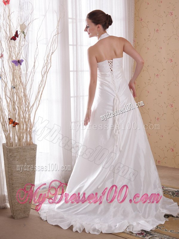 Halter Top Beaded Ruffles White Wedding Dress Chapel Train Lace-up Back