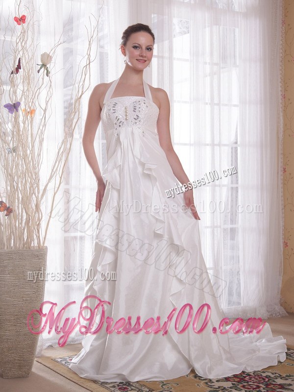 Halter Top Beaded Ruffles White Wedding Dress Chapel Train Lace-up Back