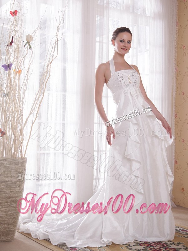 Halter Top Beaded Ruffles White Wedding Dress Chapel Train Lace-up Back