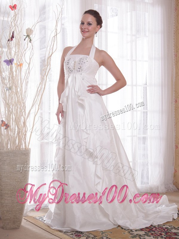 Halter Top Beaded Ruffles White Wedding Dress Chapel Train Lace-up Back