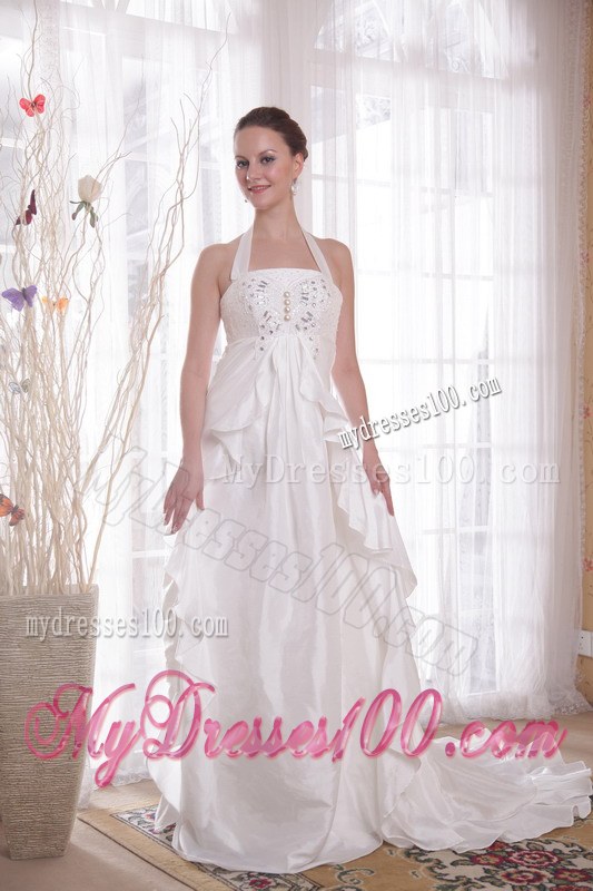 Halter Top Beaded Ruffles White Wedding Dress Chapel Train Lace-up Back