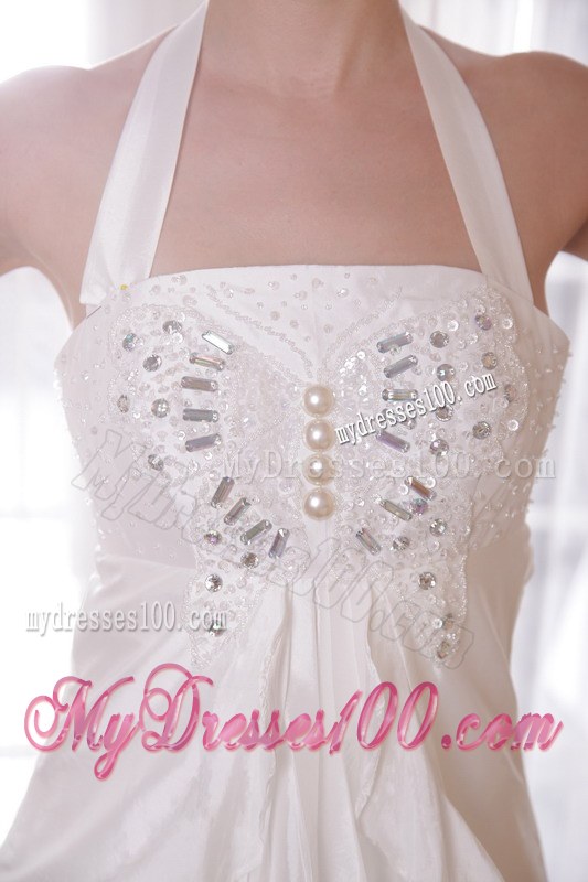 Halter Top Beaded Ruffles White Wedding Dress Chapel Train Lace-up Back