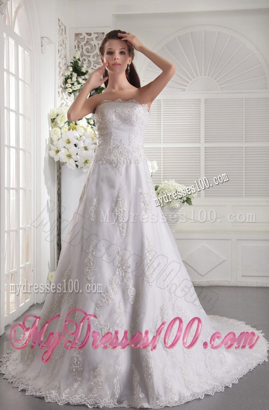 Wonderful Appliques Strapless Chapel Train White Wedding Dress