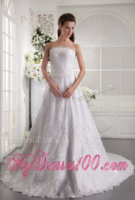 Wonderful Appliques Strapless Chapel Train White Wedding Dress