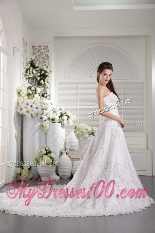 Wonderful Appliques Strapless Chapel Train White Wedding Dress