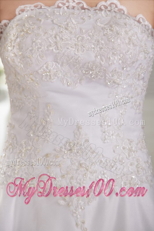 Wonderful Appliques Strapless Chapel Train White Wedding Dress