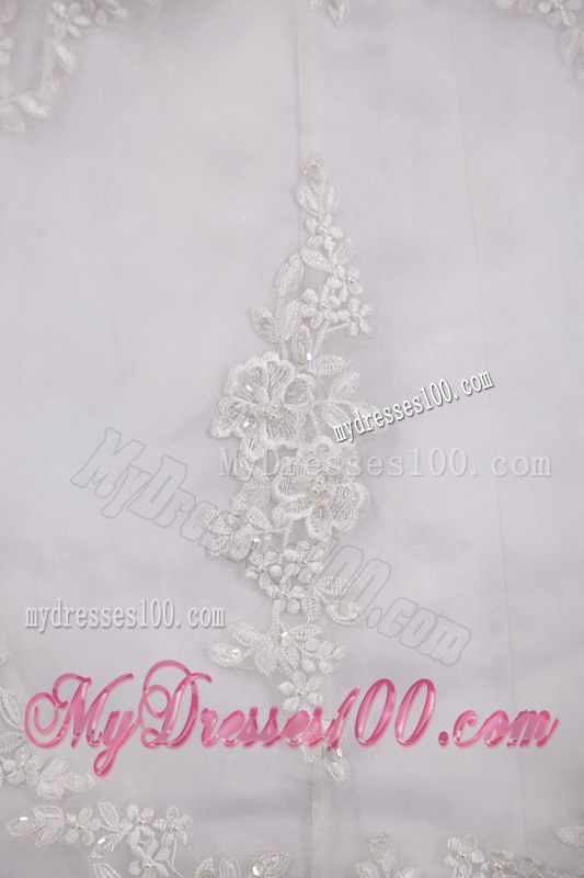 Wonderful Appliques Strapless Chapel Train White Wedding Dress